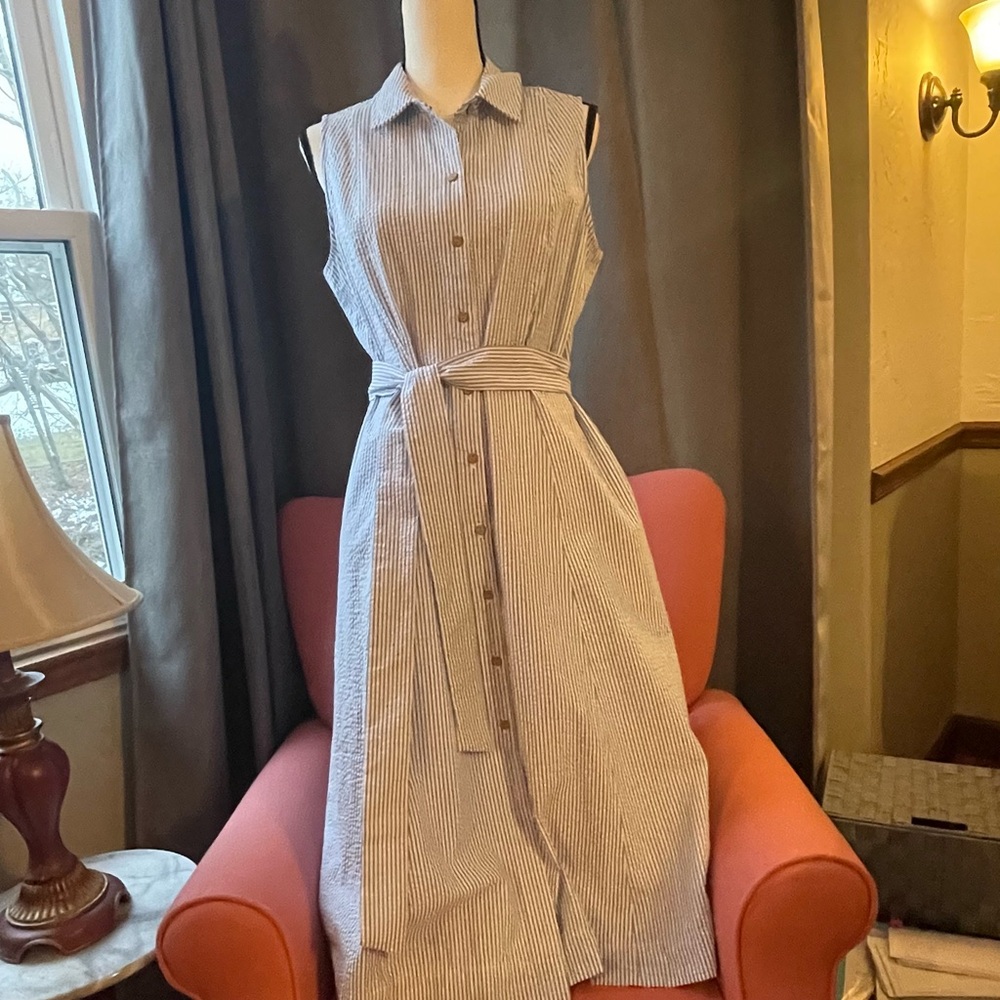 Short sleeve summer dress, blue and white, approximately 36 Inches long.